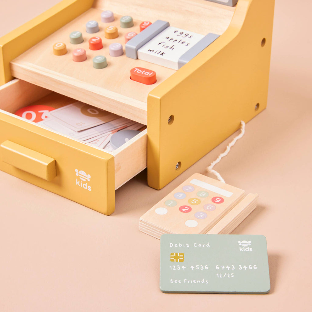 Just Bee Kids Wooden Cash Register Toy with Play Money